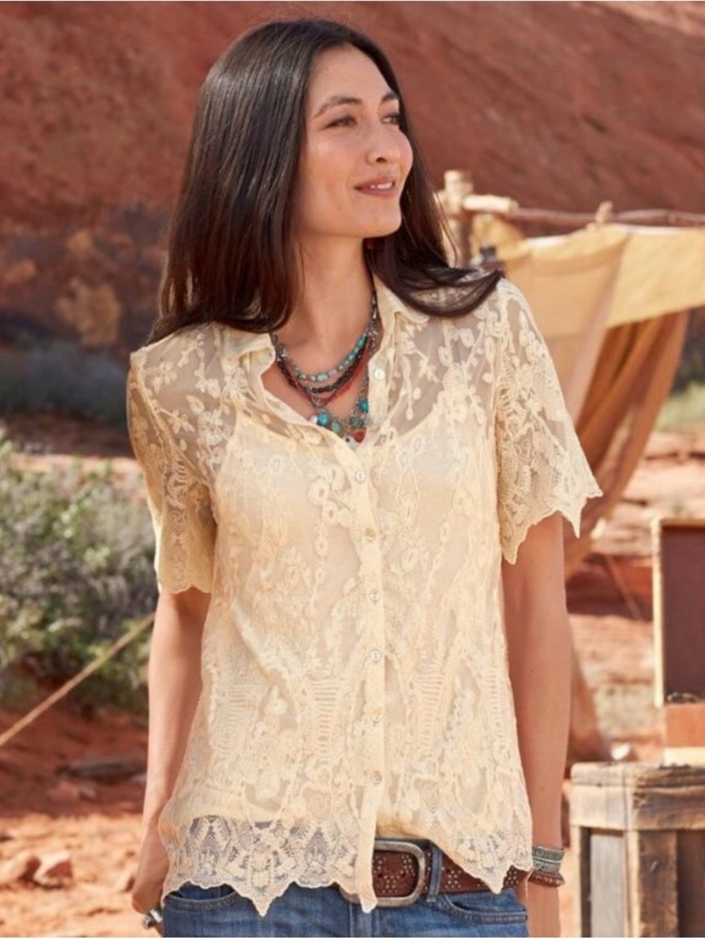 Sundance Cream Lace Button-Front Short-Sleeve Blouse